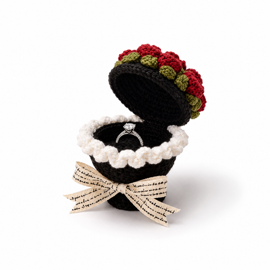 Black Red Rose Crochet Bouquet Ring Box Handmade