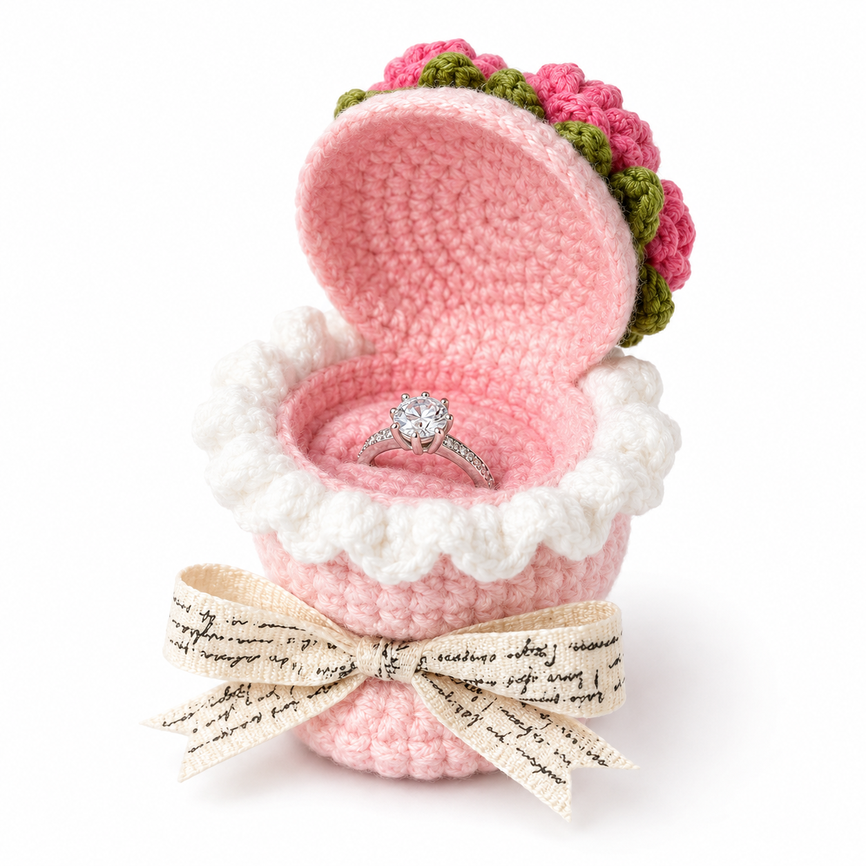 Handmade Pink Rose Crochet Bouquet Ring Box